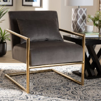 Baxton Studio TSF-60458-Grey Velvet/Gold-CC Mira Glam and Luxe Grey Velvet Fabric Upholstered Gold Finished Metal Lounge Chair